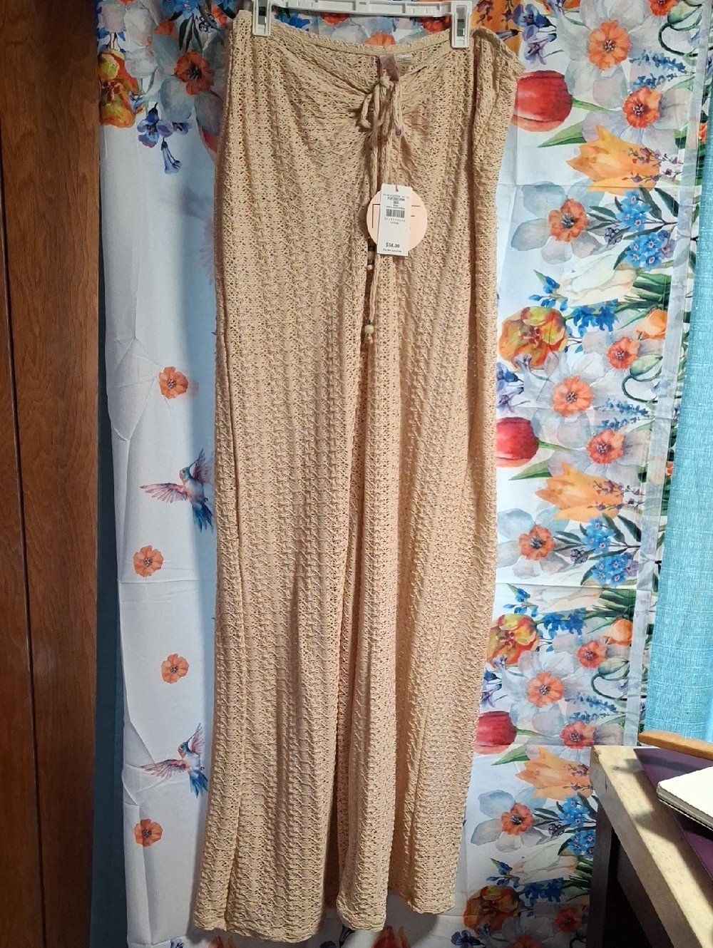 New P2F  BUCKLE  Cream Crochet Maxi Skirt with Beaded Drawstring SIZE LARGE